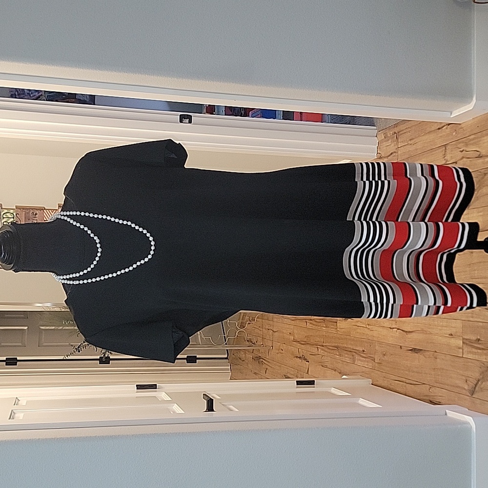 Calvin Klein Black Midi Dress with Red, White & Gray Stripes